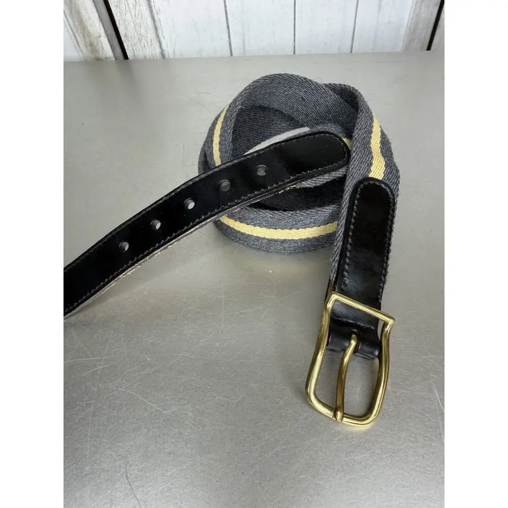 Canterbury Belt Solid Brass Buckle Woven Gray Cream Fabric Black Leather Sz 32